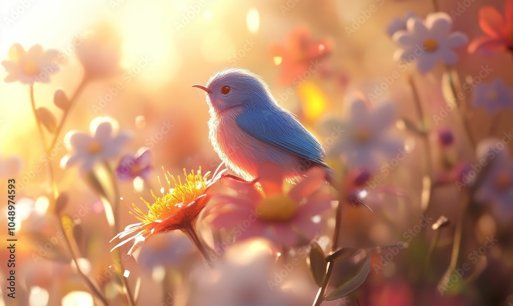 Fototapeta premium A bluebird perched on flowers in soft light.