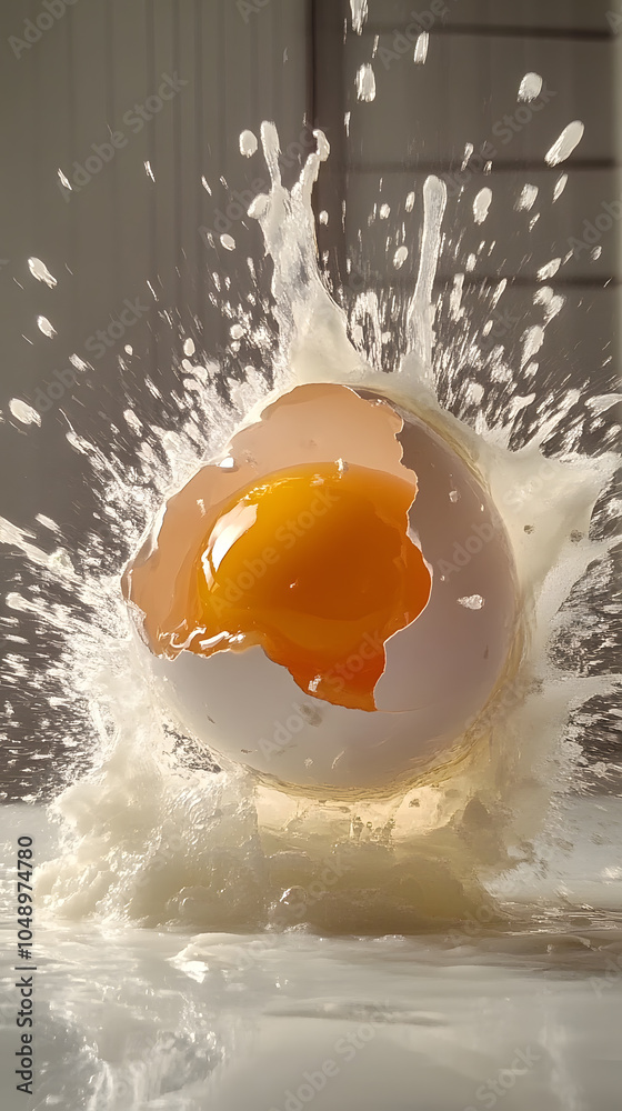 An egg bursting and splashing liquid in a bright kitchen during daytime