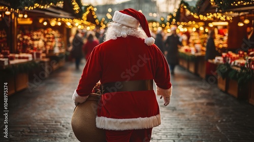 Santa Claus walking at Christmas market with lights photo
