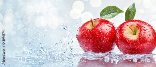  A pair of red apples atop a table, beside a glass holding water and a single green leaf