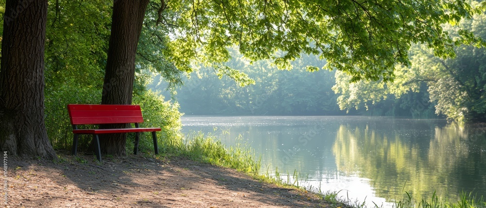 Obraz premium A red bench sits next to a tree, near a tranquil body of water The scene is framed by a lush, green forest in the background, under a sunny sky