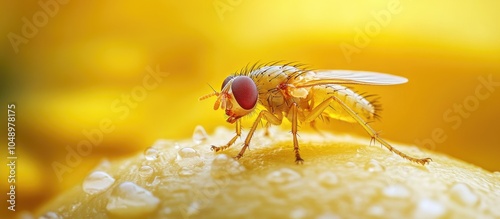 Close up photo of the fruit fly insect Drosophila melanogaster on a banana Selective focus was used. with copy space image. Place for adding text or design