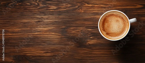 Cup of coffee on a brown wooden table in a coffee shop A hot cappuccino is the perfect way to begin any morning at a cafe with copy space Top view top down