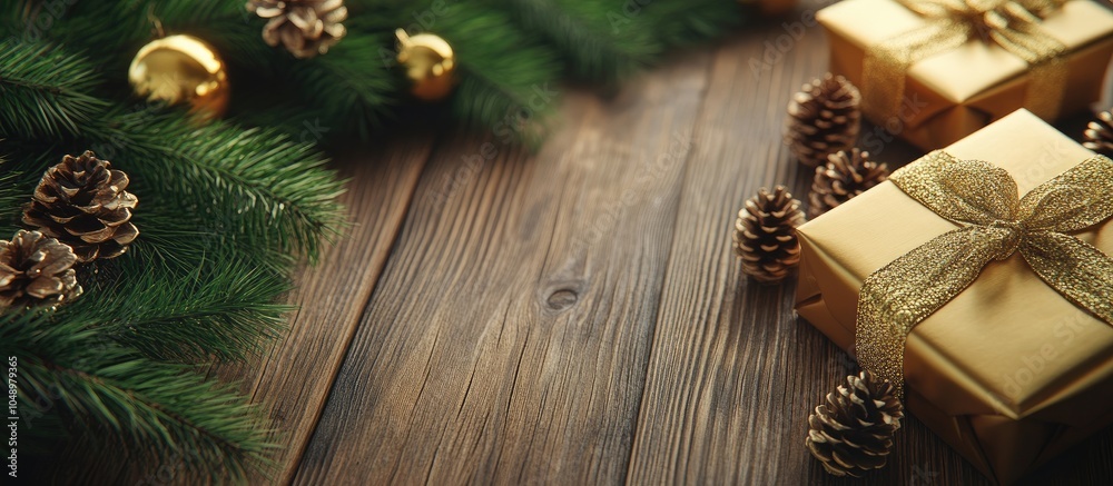 Christmas festive golden decorations alongside gift boxes and cones on a wooden background Copy space Christmas festive golden decorations alongside gift boxes and cones on a wooden background Copy space