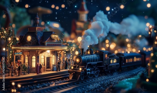 A toy train arrives at a miniature town station.