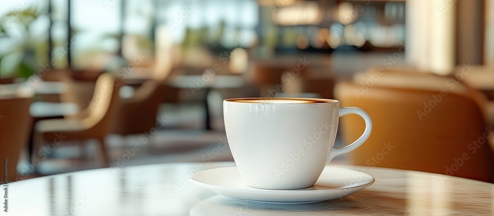 White coffee cup on the table in a lounge bar setting. with copy space image. Place for adding text or design White coffee cup on the table in a lounge bar setting. with copy space image. Place for adding text or design