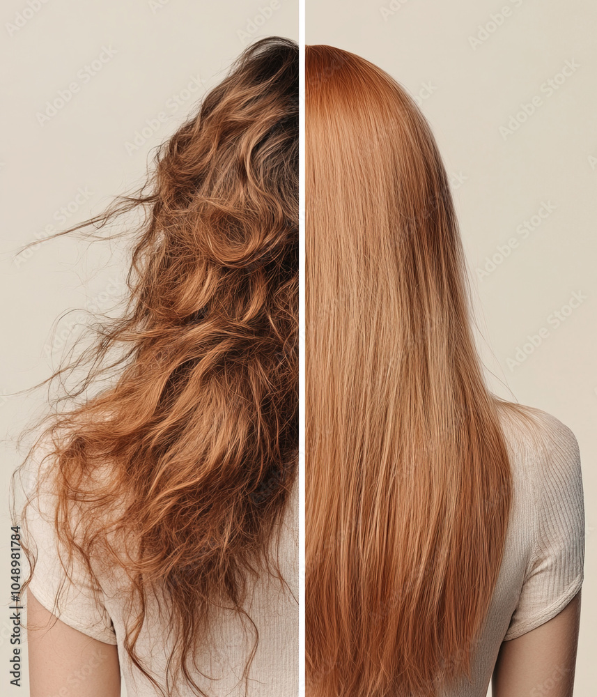 Naklejka premium Woman's hair before and after salon hair treatment