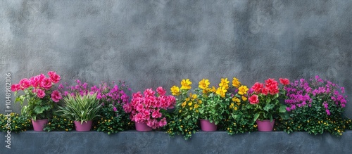 Bright wall planters featuring pineapple mint flowerpots pink pelargoniums red geraniums salvia purple sage yellow ranunculus buttercup bentgrass and Lysimachia nummularia Aurea against a vertical  photo