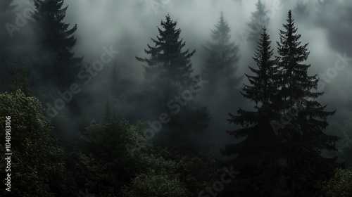 Misty forest, dark background, pine trees 