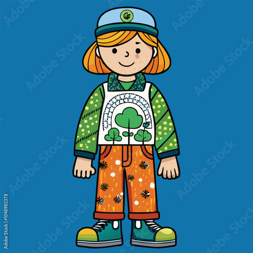 Colorful Cartoon Girl in Patterned Clothing