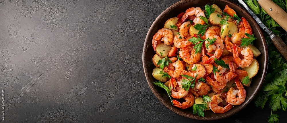 A bowl of shrimp, potatoes, and parsley on a black countertop Nearby, a knife and extra parsley are present A bowl of shrimp, potatoes, and parsley on a black countertop Nearby, a knife and extra parsley are present