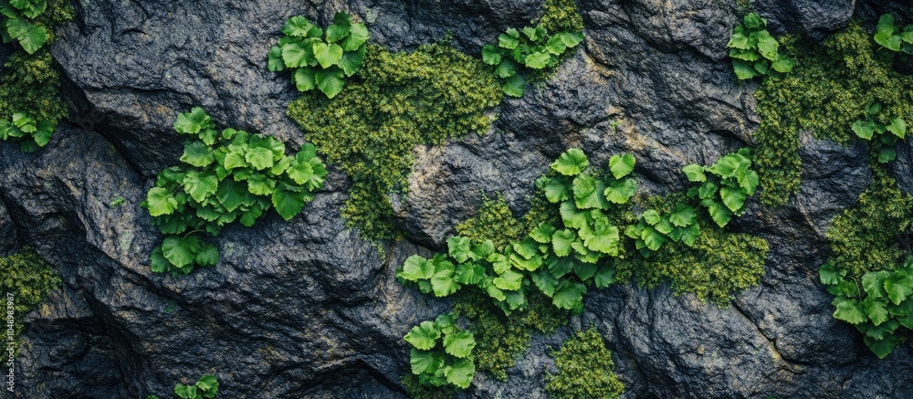 Vibrant green leaves against a backdrop of moss covered rough rock Close up of the intricate texture of a mountain stone surface adorned with mosses and lichens Lush vegetation of the highlands Flo Vibrant green leaves against a backdrop of moss covered rough rock Close up of the intricate texture of a mountain stone surface adorned with mosses and lichens Lush vegetation of the highlands Flo