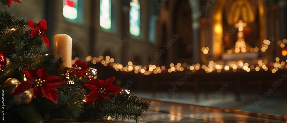 Christmas Decorations with Candle in Church Interior with Warm Lights, Christmas Decorations with Candle in Church Interior with Warm L Christmas Decorations with Candle in Church Interior with Warm Lights, Christmas Decorations with Candle in Church Interior with Warm L