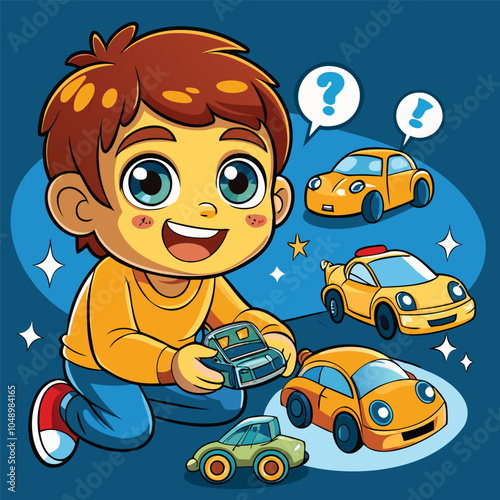 Cheerful Boy Playing with Toy Cars