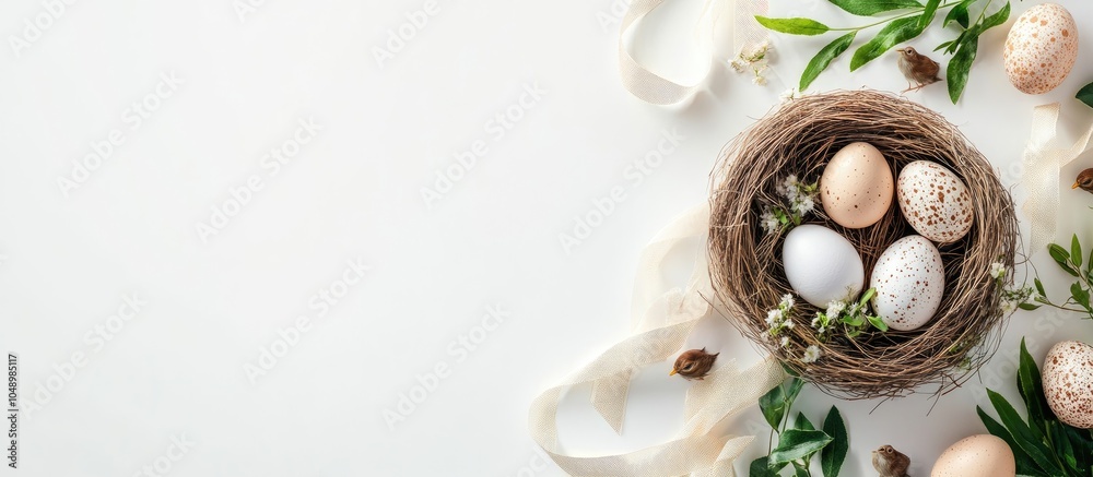 Fototapeta premium Mockup card featuring plants Invitation card with an outdoor theme and quail eggs Easter eggs ribbons and a nest on a white background. with copy space image. Place for adding text or design