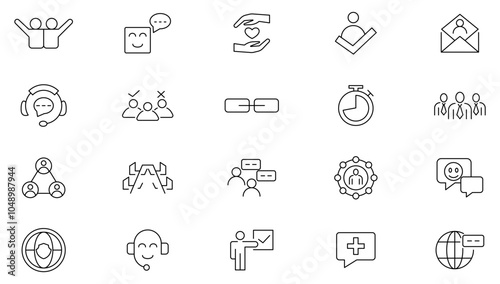 Community line icon set. Meetings, seminars, team building, business meetings, classrooms, teams, interviews, conferences, work, discussion, communication line icon set. UI thin line icon pack.