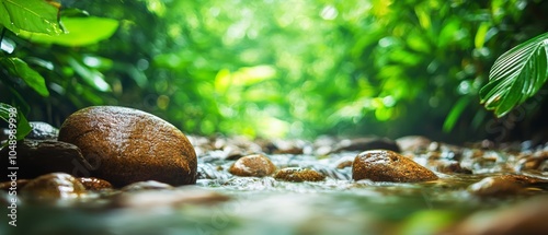  A flowing waterstream weaves through a verdant forest, dotted with rocks and vibrant greenery At its heart lies a solitary rock photo