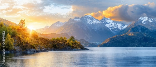  A scenic view of a sizable water body, surrounded by mountains in the distance, and a lush forest of trees in the foreground The sky above is dotted with fluffy