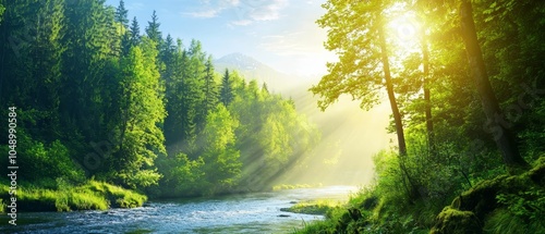 Fototapeta Naklejka Na Ścianę i Meble -   A river runs through a lush, green forest, bordering a forest of verdant grass and towering trees