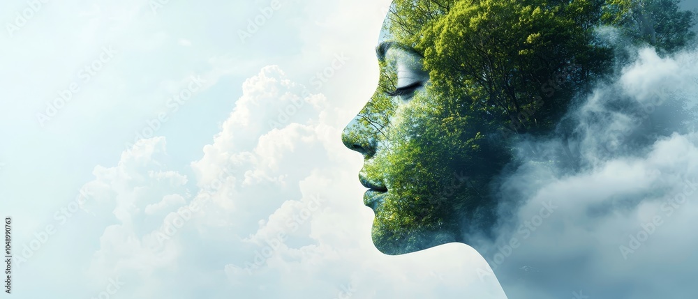 tree growing out of head, clouds in backdrop tree growing out of head, clouds in backdrop