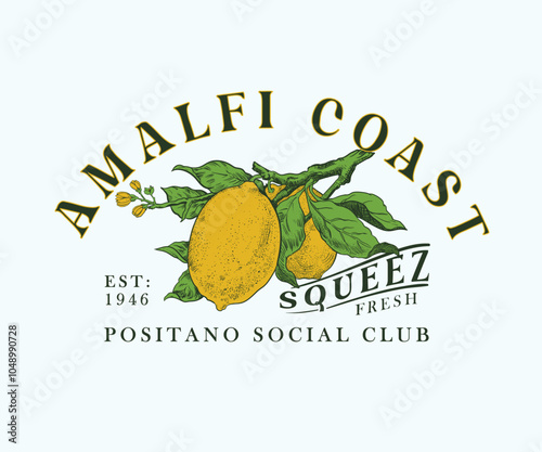 Amalfi coast lemon vector illustration, lemon with leaf and flower vector sketch, European summer vacation artwork for t shirt, poster, graphic print