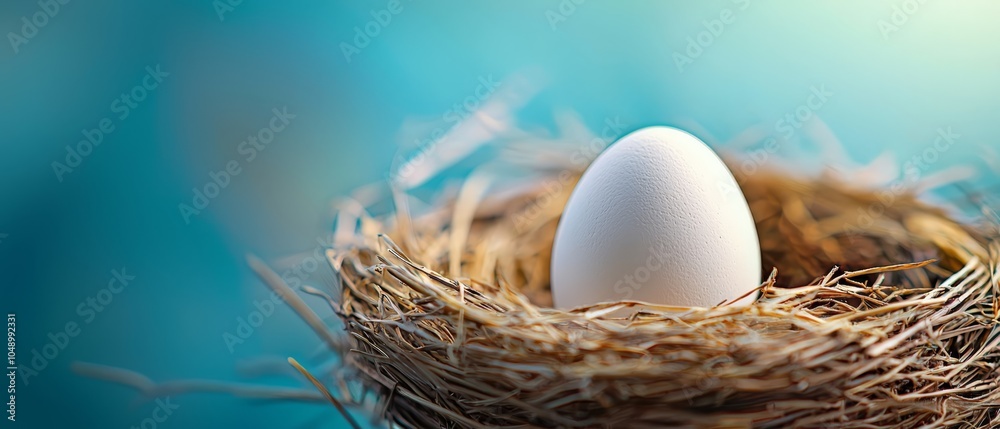 A white egg in a bird's nest, closely framed against a blue background A white egg in a bird's nest, closely framed against a blue background