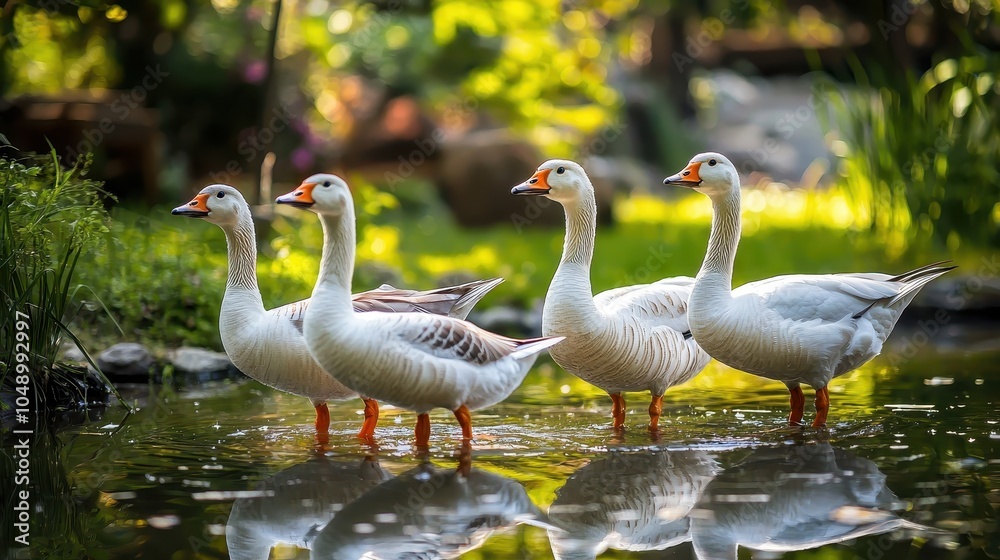 Obraz premium Family of Geese Waddling by a Serene Pond