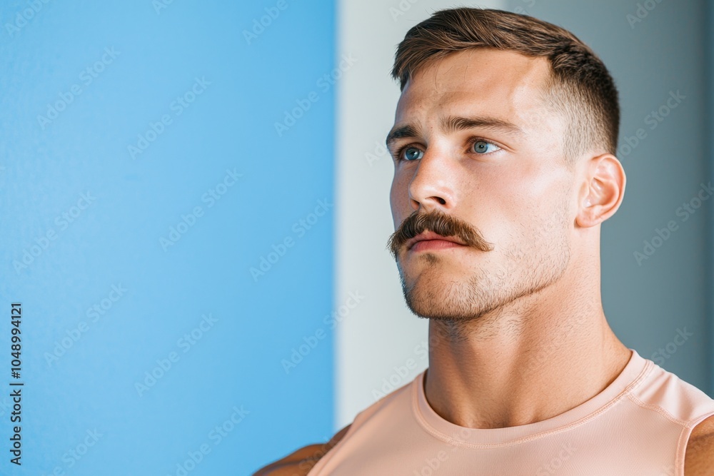 Obraz premium Healthy lifestyle with November mustache concept for men. A focused man with a stylish mustache gazes thoughtfully against a blue backdrop exuding confidence and strength