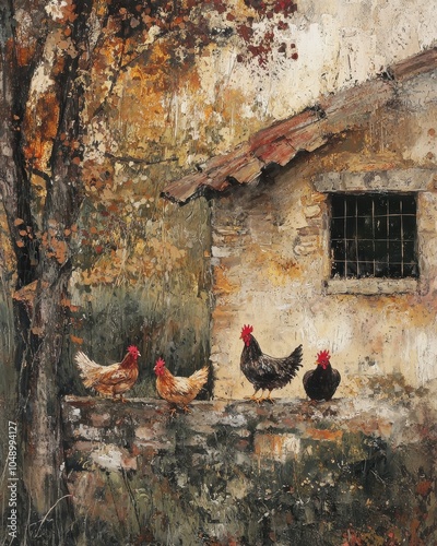 Free Range Chickens in Rustic Farmyard Setting