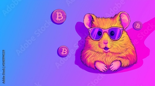 A whimsical pop-art illustration of a hamster wearing sunglasses, surrounded by floating cryptocurrency coins, on a vibrant gradient background. 