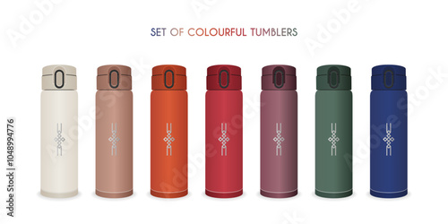 Travel thermos tumbler template. A set of white, brown, orange, red, purple, green, blue mugs