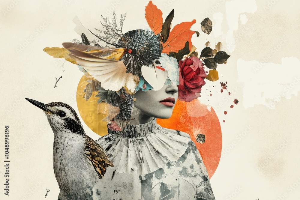 A creative collage of a woman surrounded by vibrant flowers and a bird against a soft background