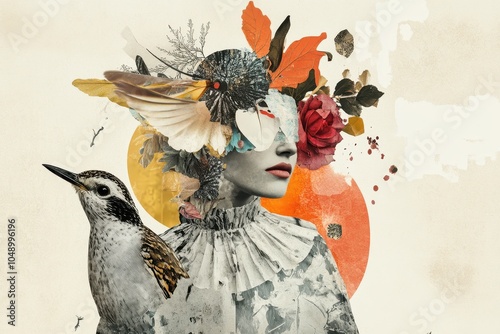 Obraz na płótnie A creative collage of a woman surrounded by vibrant flowers and a bird against a soft background w salonie
