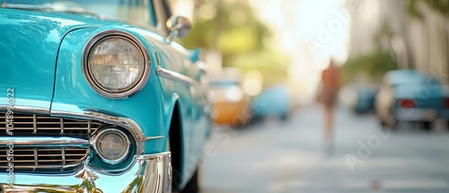  A blue car is parked by the side of the road A person walks down the street in front of a building