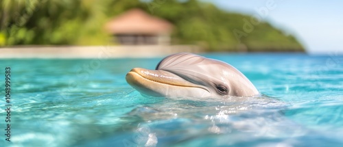  A tight shot of a dolphin in water, surrounded by trees in the background, and a house in the distance