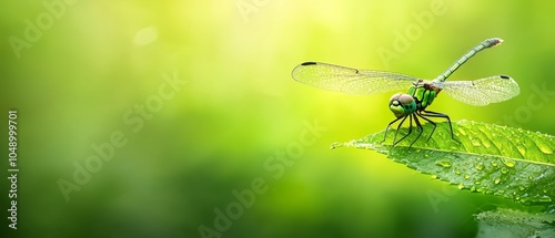  A green dragonfly perches on a wet leaf, its wings dotted with water droplets, against a verdant backdrop