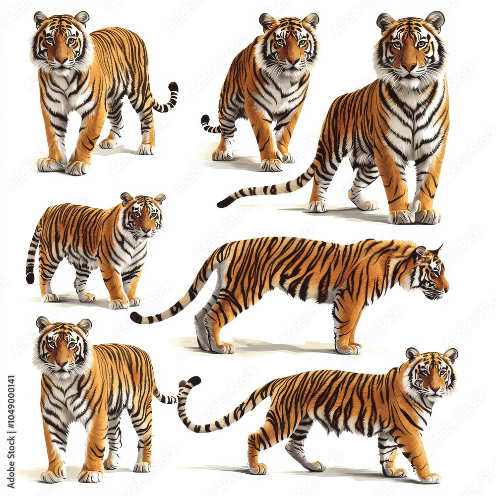 Fototapeta premium Tigers in various poses showcasing their majestic features and striking stripes. This illustration captures beauty and power of these magnificent big cats in vibrant and detailed manner