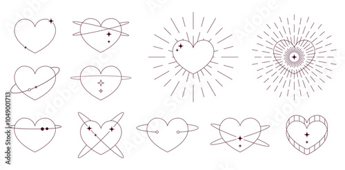 Valentine bohemian outline hearts set. Minimal geometric abstract design with editable stroke. Magic love aesthetic symbol for Valentine day. Mystic collection with glow effect. Vector illustration