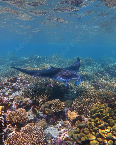 Manta Ray Gliding Over Vibrant Coral Reef