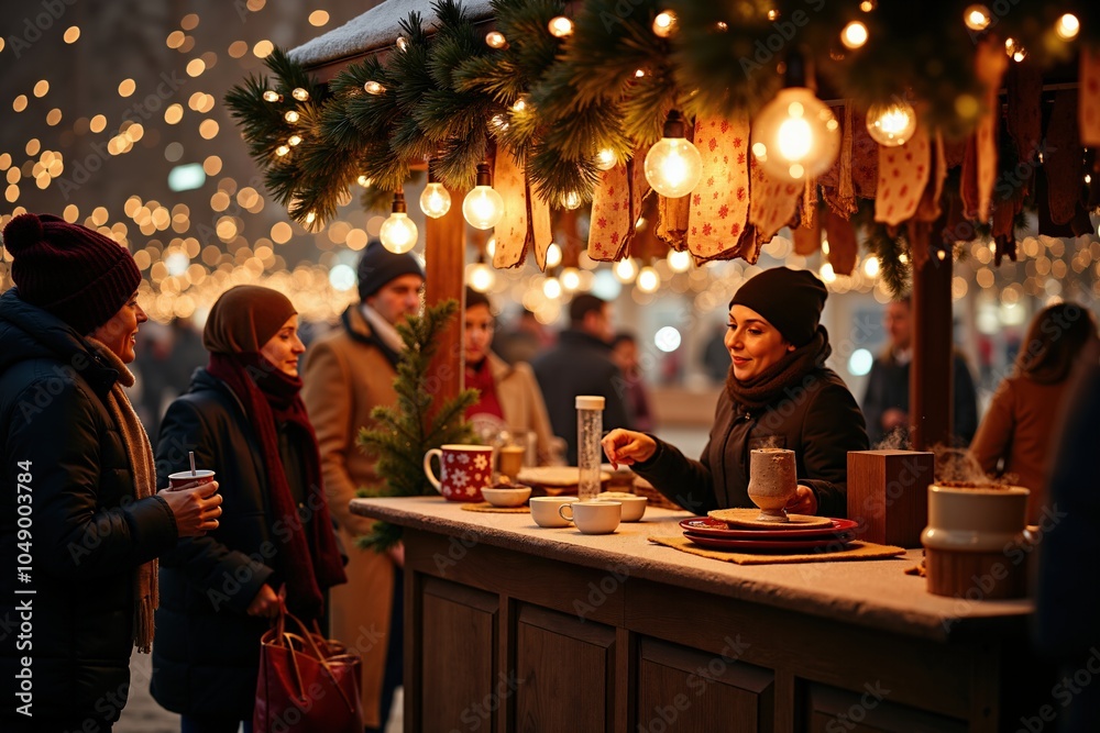 Obraz premium Festive winter market scene with people enjoying warm beverages under sparkling lights.