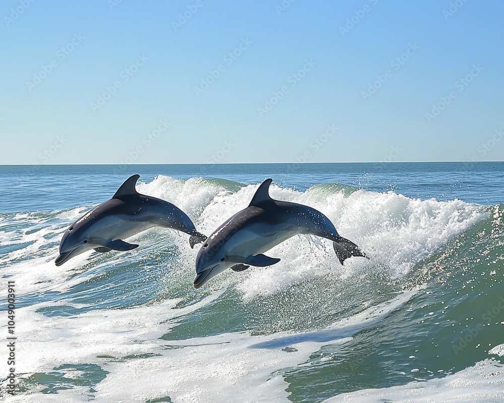 Fototapeta premium Playful Dolphins Jumping Above Ocean Waves