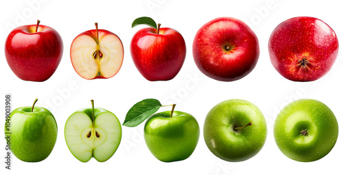 Red and green apples, whole and cut, side view from top and bottom, isolated on transparent background.