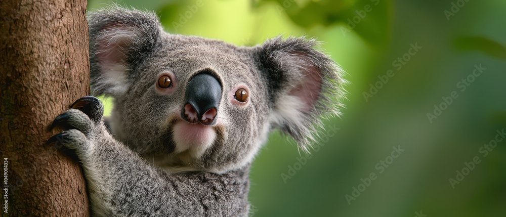 Fototapeta premium A startled koala, eyes wide with surprise, gazes directly into the camera from a tree's branch