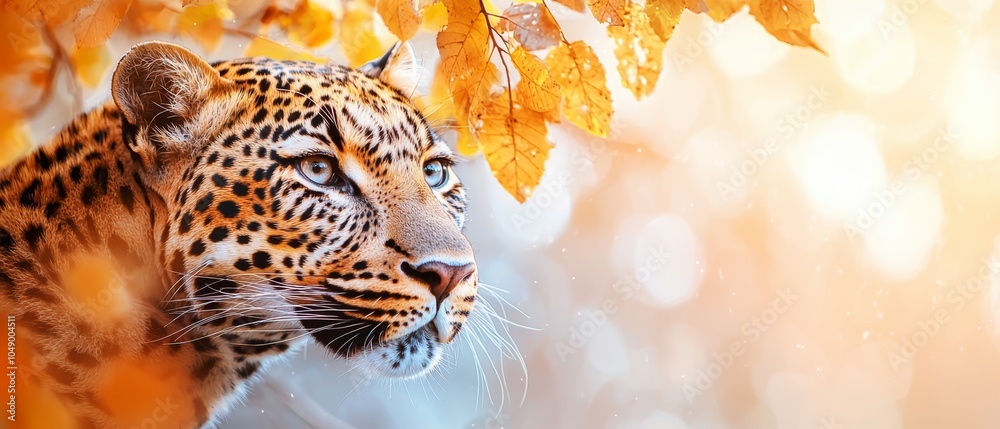 Fototapeta premium A leopard's face, closely framed, before an autumn-laden tree Autumn leaves dot the foreground