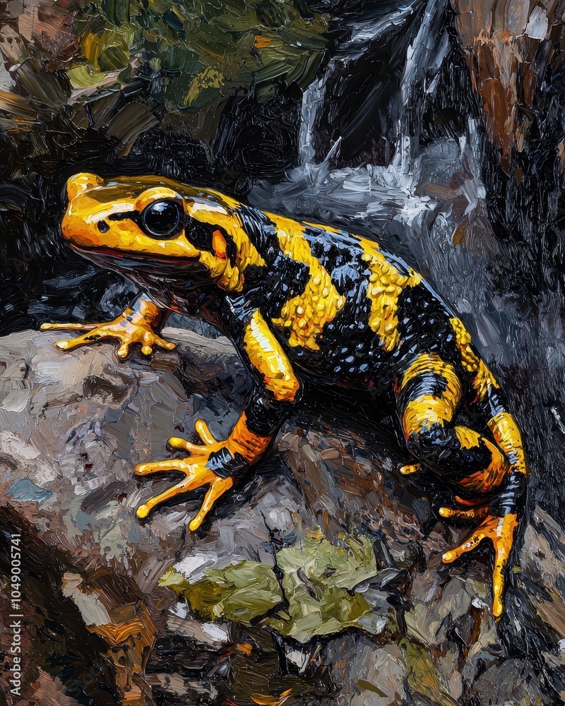 Fototapeta premium Vibrant Salamander on Wet Rock by Stream