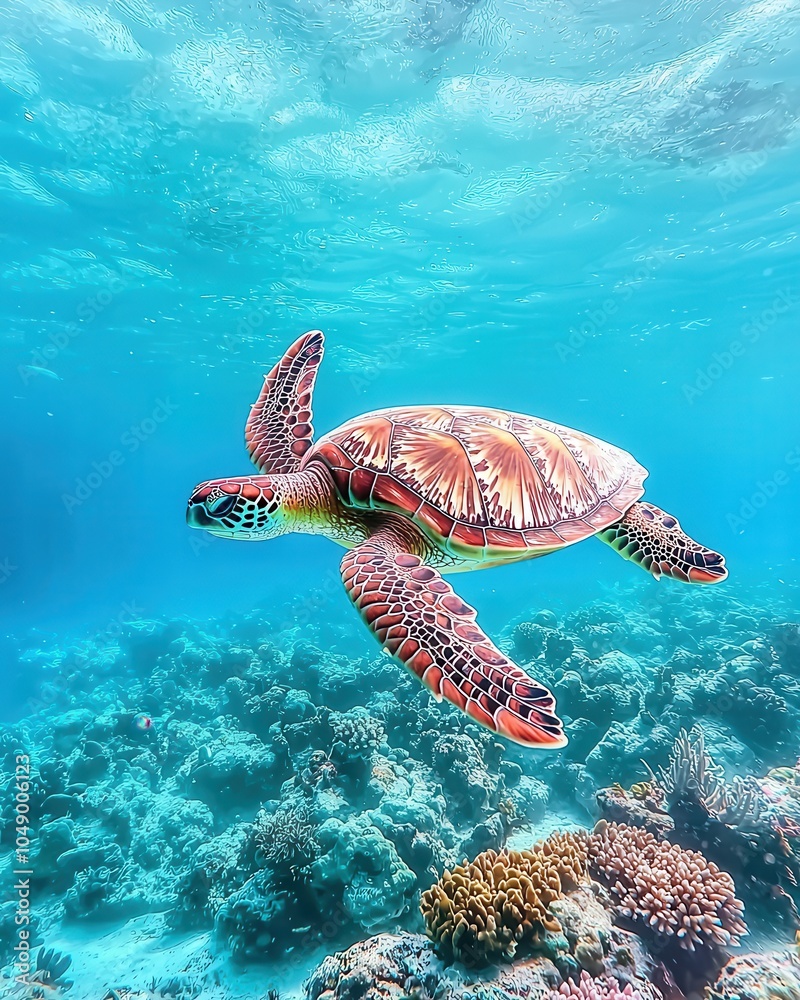 Fototapeta premium Vibrant Sea Turtle Gliding Over Coral Reef