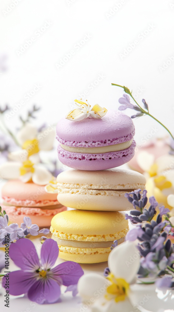 Elegant studio shot of easter-themed macarons with floral arrangement for culinary art Elegant studio shot of easter-themed macarons with floral arrangement for culinary art