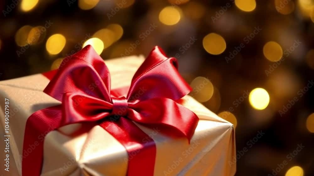 close-up of a white gift with red ribbon in a festive scene close-up of a white gift with red ribbon in a festive scene