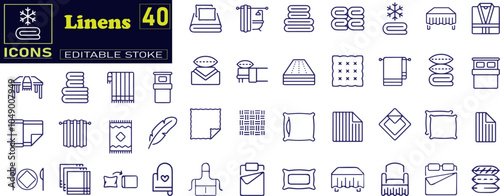 Bed Linen, Bedclothes, Cushion, Blanket, Sheet, Pillow. Simple Vector Line Icons.