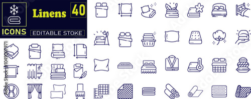 Bed Linen, Bedclothes, Cushion, Blanket, Sheet, Pillow. Simple Vector Line Icons.